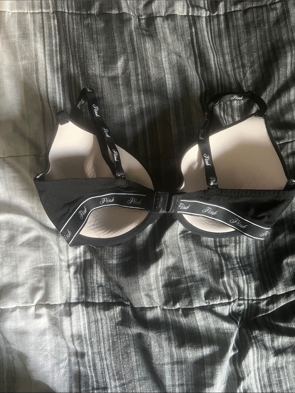 PINK Victoria's Secret Black and Beige Logo-Trim  Bra